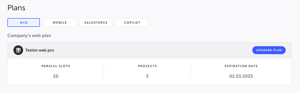 Parallel Slots や Projects など Web プランの詳細を表示する画面