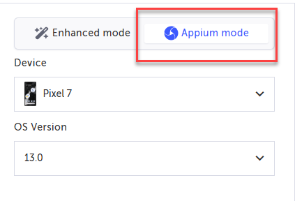 Appium mode タブ