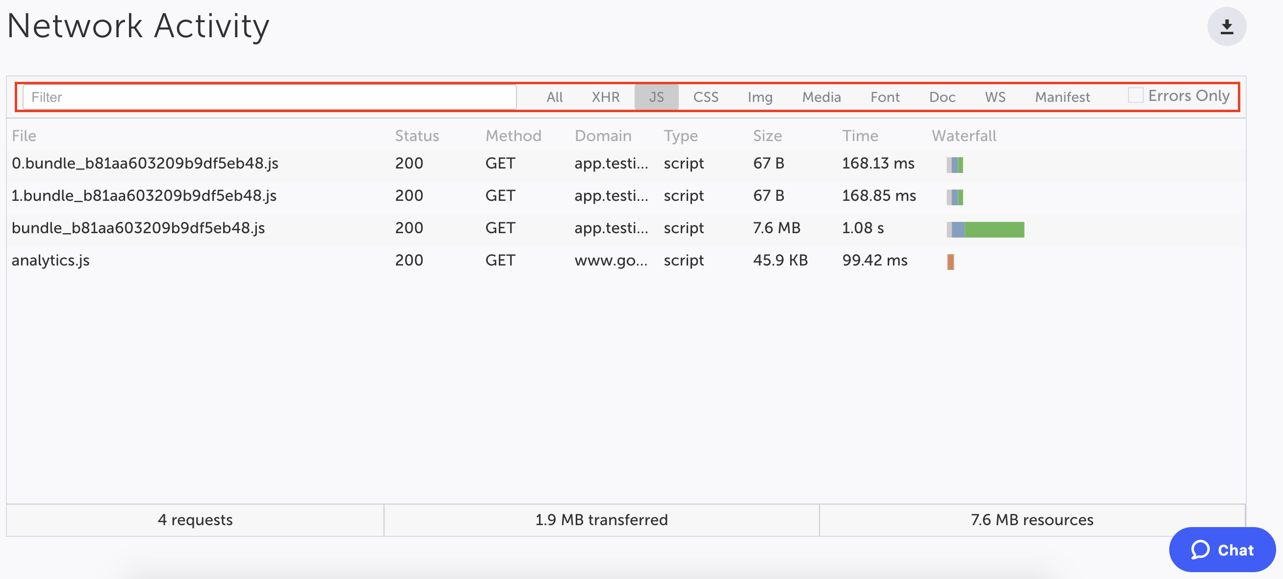 Network Activity 画面のフィルタリング例