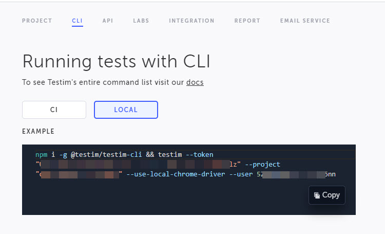 CLI タブでローカル実行オプションが選択された画面