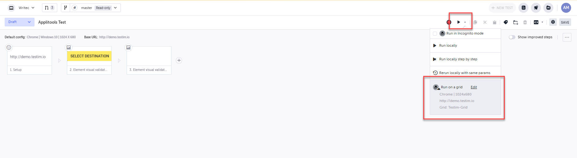 Web テストをグリッド上で実行するメニュー