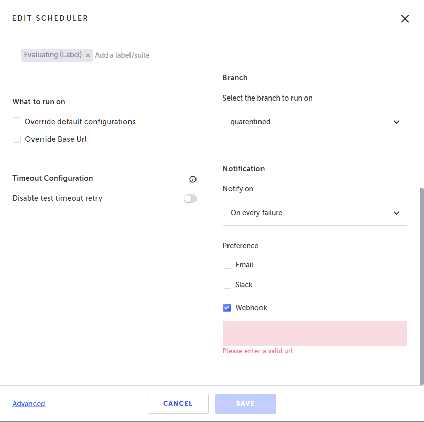 通知設定で Webhook を選択する画面