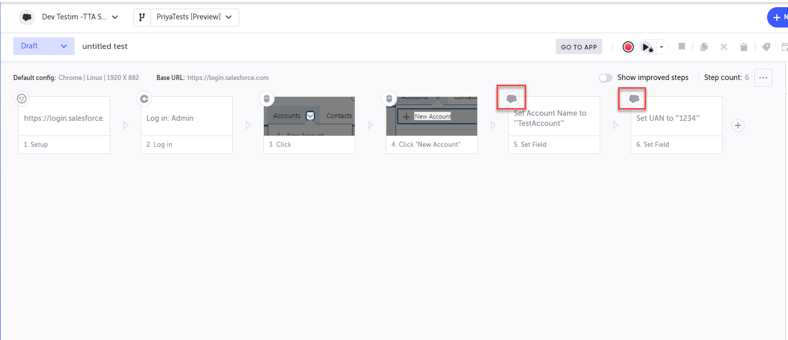 Salesforce ステップが並んだテストフロー