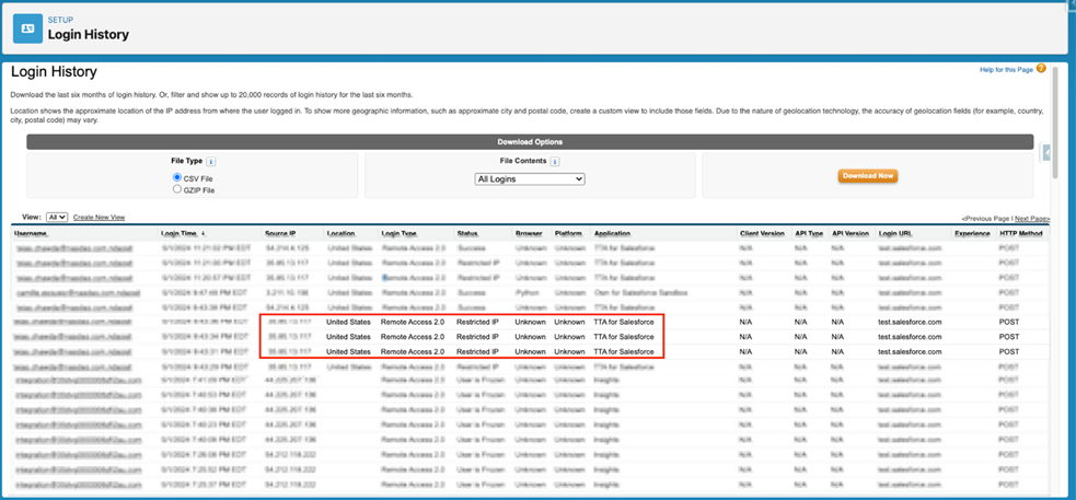 ログイン履歴で制限付き IP を確認(TTA for Salesforce)
