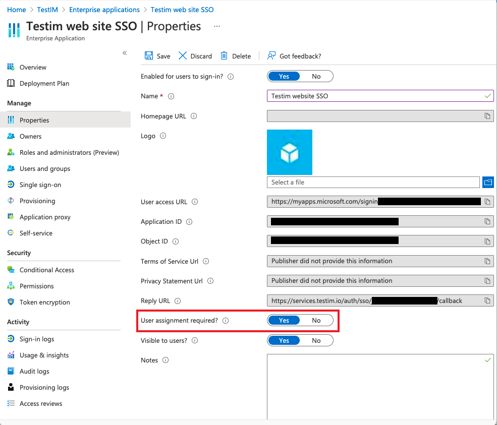 Testim Website SSO 設定完了