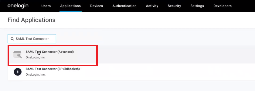 SAML Test Connector 選択画面
