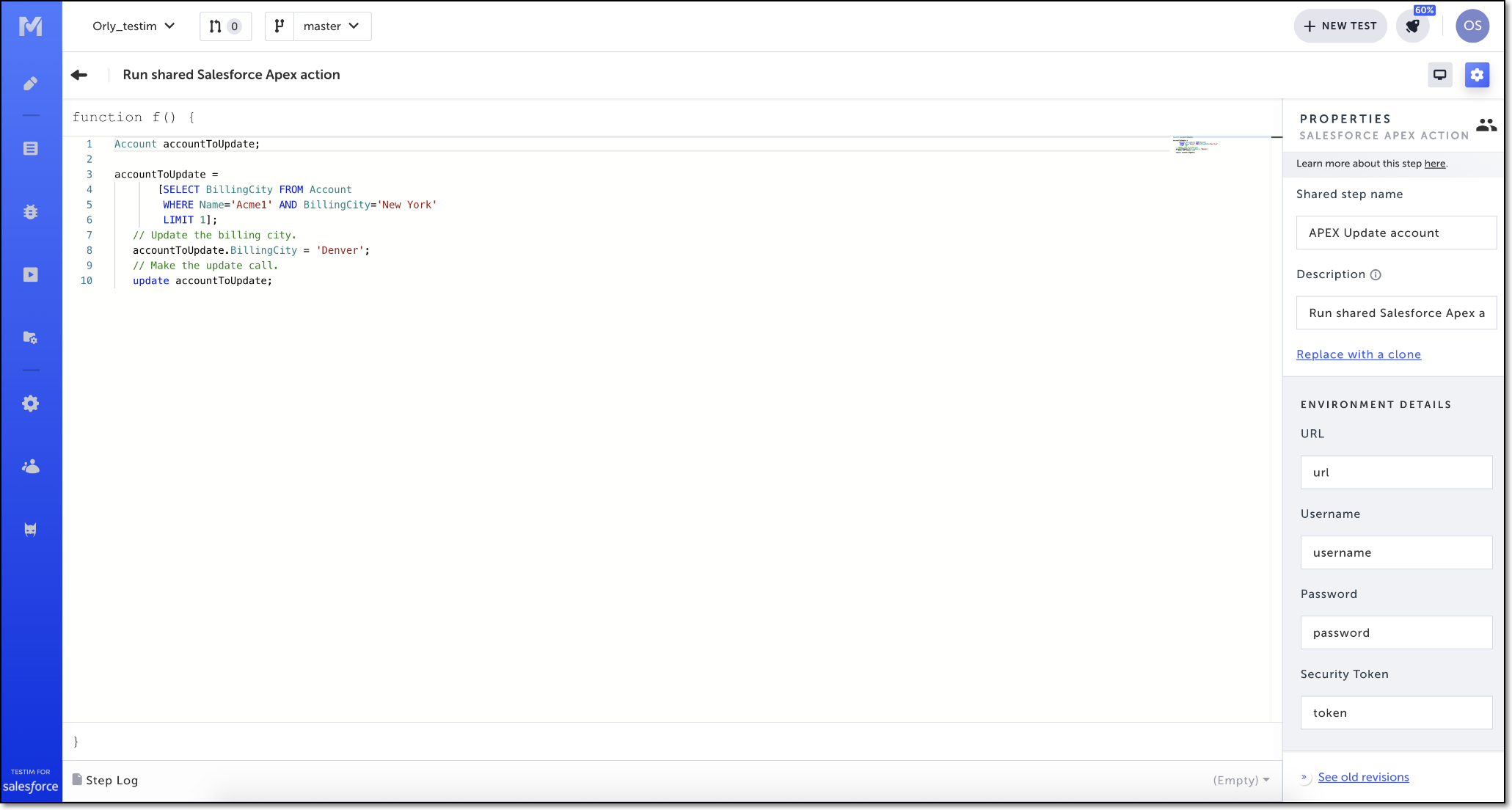 Salesforce APEX アクションステップのスクリーンショット