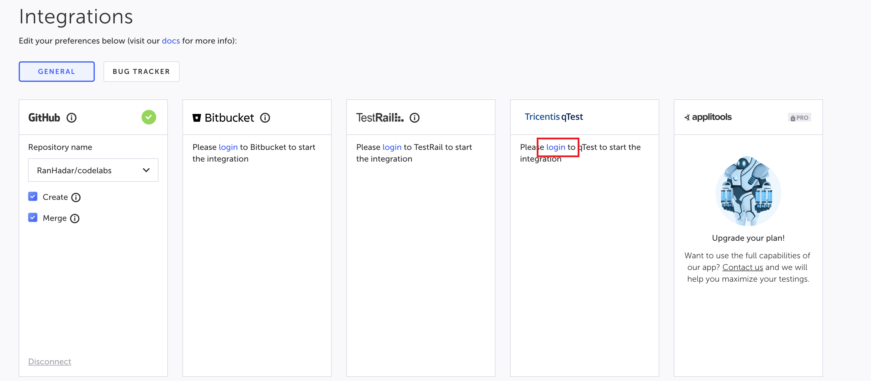 qTest 統合モジュールのログインボタン