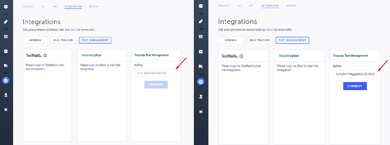TTM for Jira API キー入力欄を示す Testim 設定画面