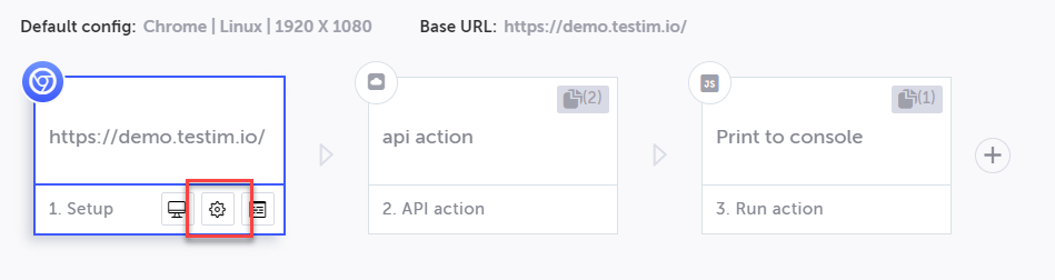 Setup ステップの Properties アイコンが表示された Testim テスト