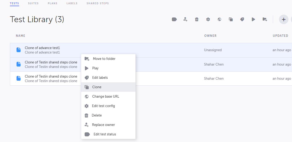 テストを右クリックして Clone オプションを選択するコンテキストメニュー