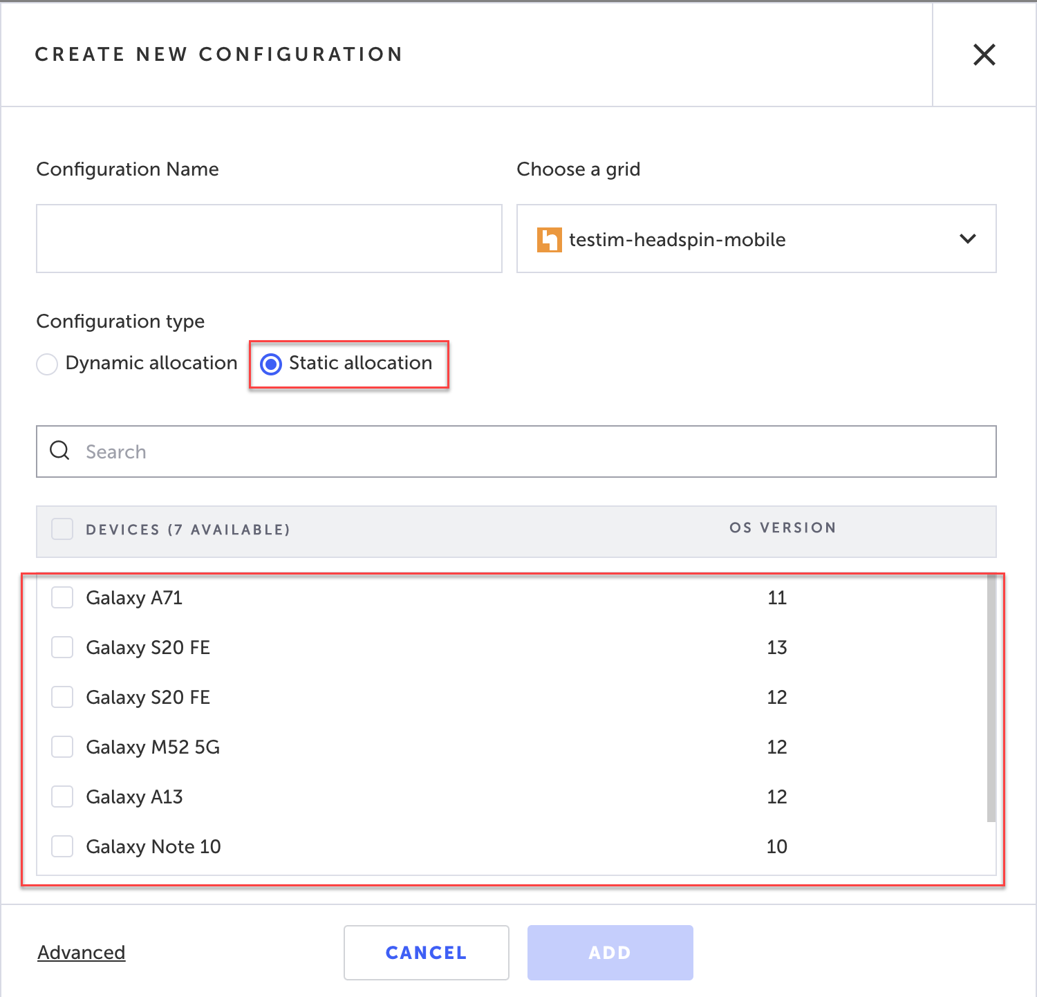 Static allocation で利用可能なモバイルデバイス一覧からデバイスを選択する画面