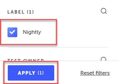 Advanced Filters パネル内でフィルターに使用するラベルを選択する画面