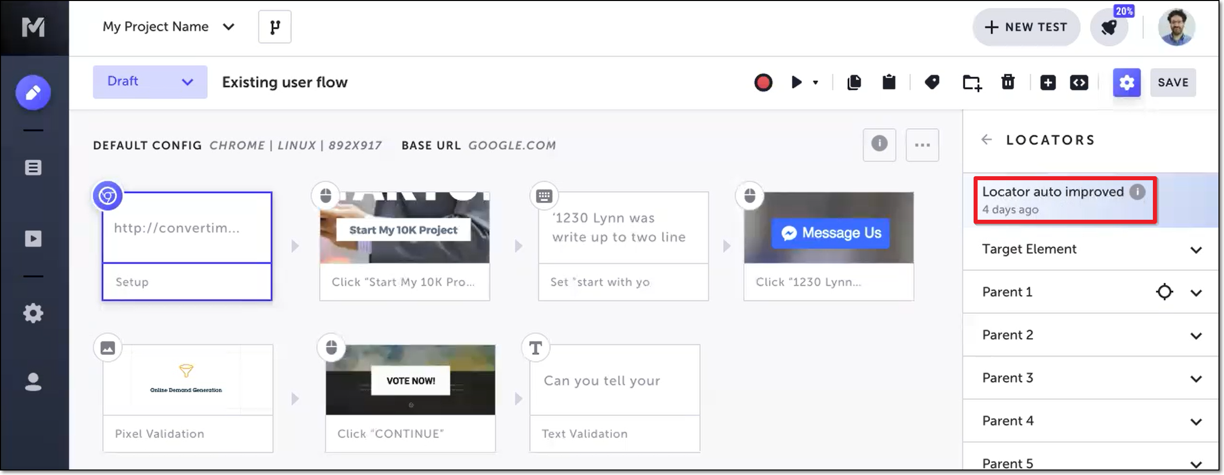 Locators パネルで自動改善されたロケーターにメッセージが表示されている画面