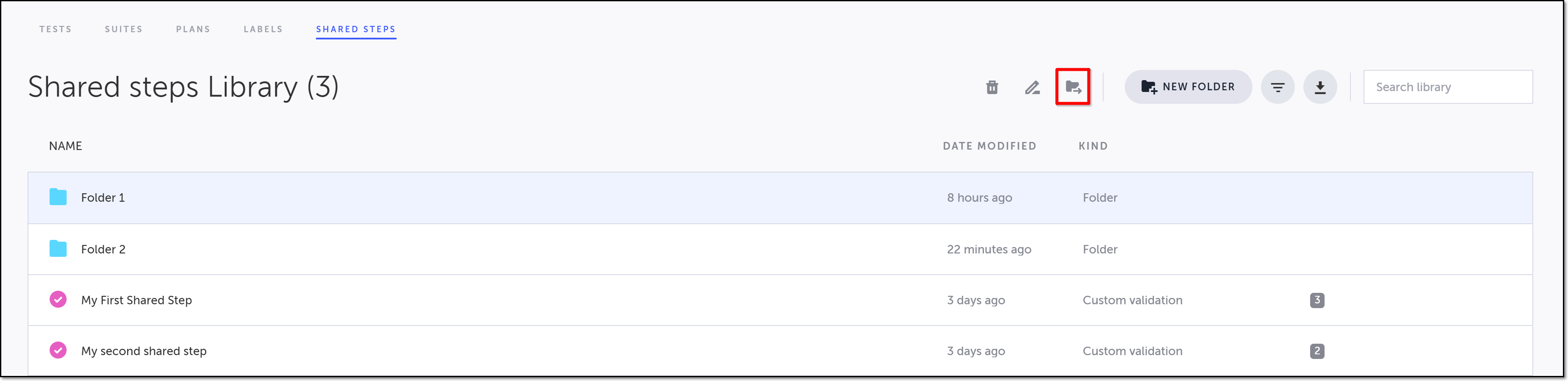 Move to folder アイコンをクリックして共有ステップの移動を開始する画面