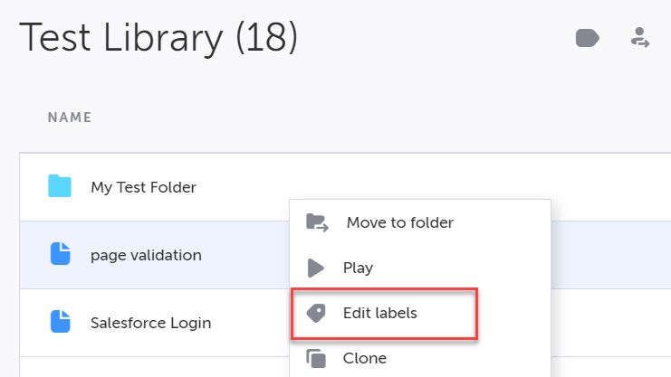 テストを右クリックして Edit Labels オプションを選ぶコンテキストメニュー