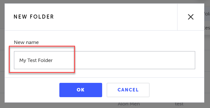 新しいフォルダー名を New Name フィールドに入力するダイアログ