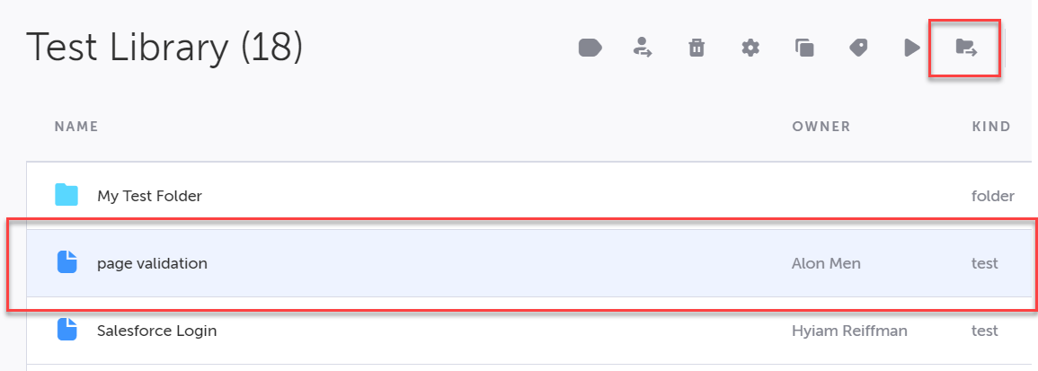 選択したテストに対して Move to Folder ボタンを押す画面