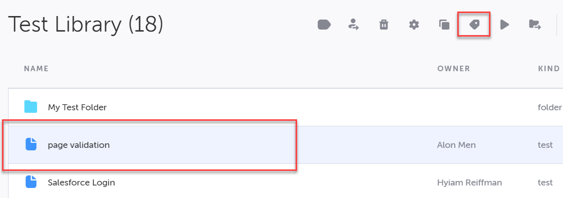 テストを選択し Edit Labels ボタンをクリックする Test Library 画面