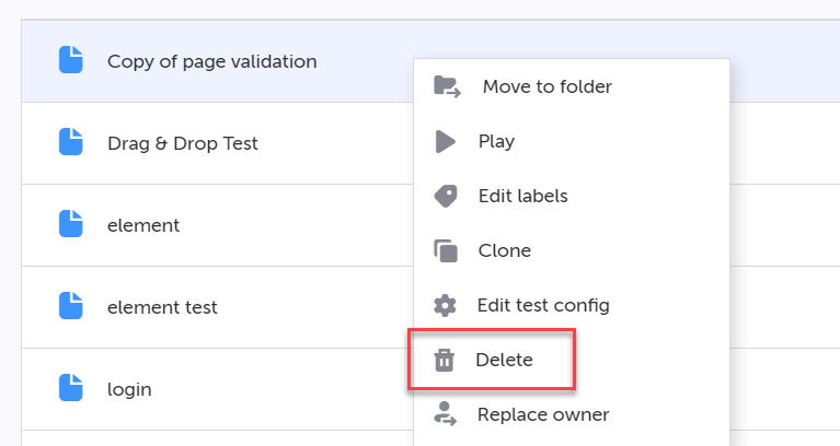 テストやフォルダーを右クリックして Delete を選択するコンテキストメニュー