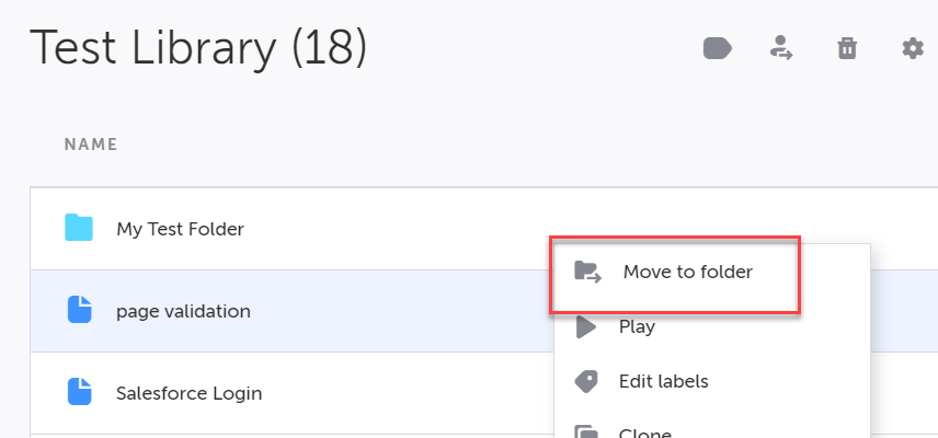 テストを右クリックして Move to Folder オプションを選択するコンテキストメニュー