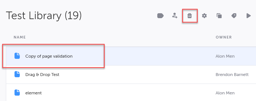選択したテストに対して Delete アイコンをクリックする Test Library 画面