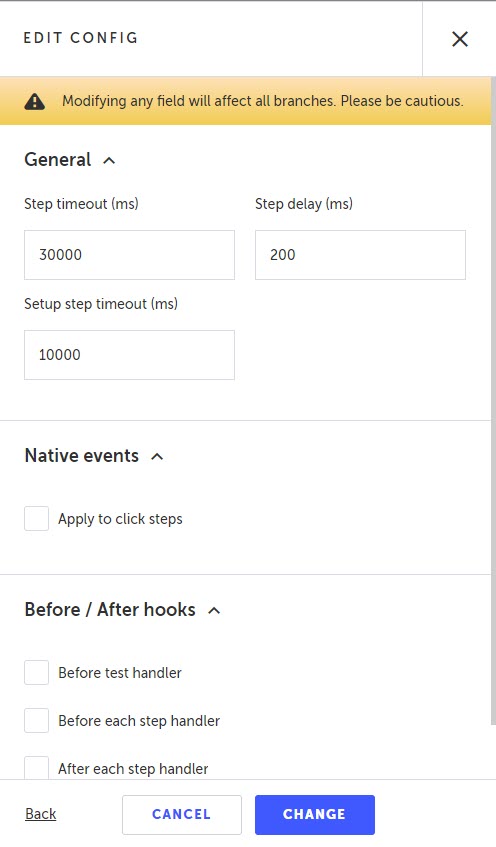Edit Config 画面で Native Events やその他の詳細オプションを変更する画面