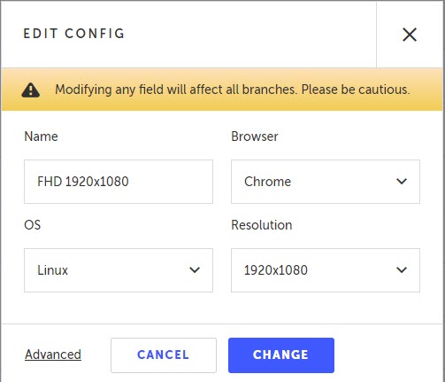Edit Config 画面でブラウザや解像度など構成詳細を編集する画面