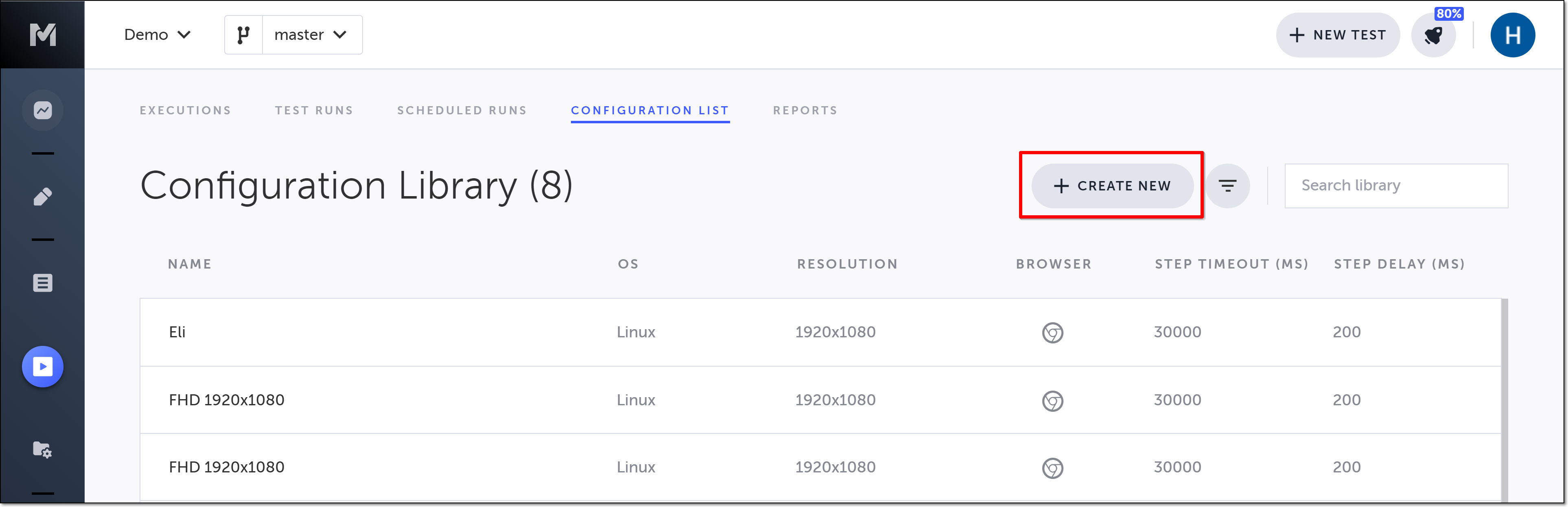 Configuration Library で+ Create New ボタンをクリックする画面