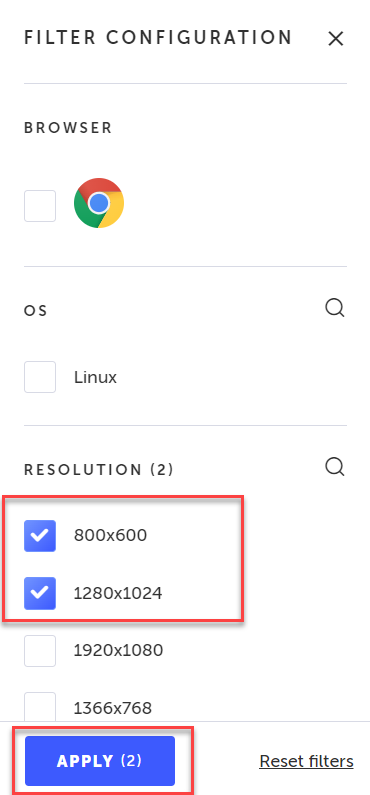 Filter Configuration パネルで条件を設定し Apply ボタンをクリックする画面