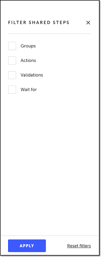 Filter Shared Steps ペインでステップカテゴリなどの条件を設定する画面
