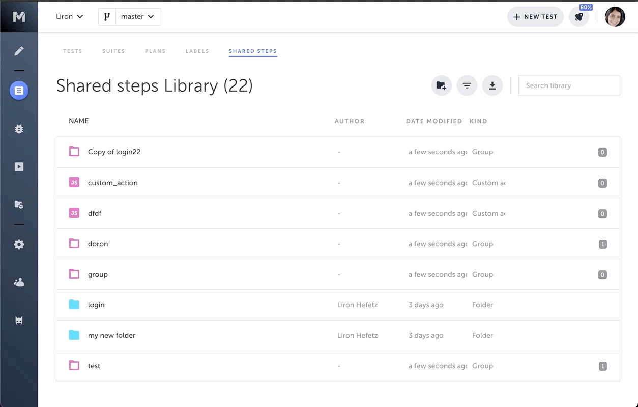 Search library ボックスに名前を入力して共有ステップを検索する操作のアニメーション