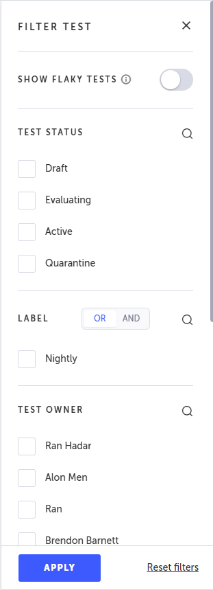 ステータスやラベルなどの条件を設定できる Filter Tests ペイン