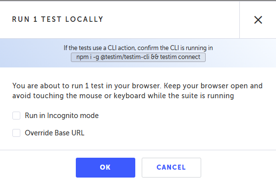 Run Test Locally ダイアログで Incognito や Base URL を設定する画面