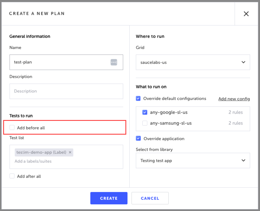 Add Before All セクションで事前に実行するテストスイートやラベルを指定する画面