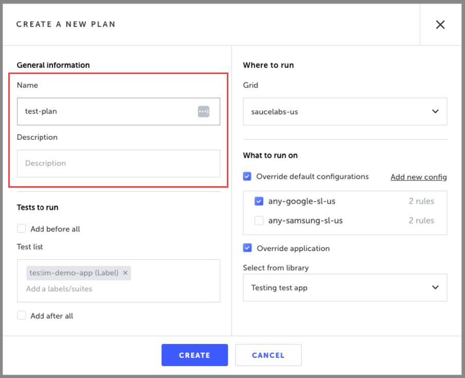 モバイルテストプランの Name と Description を入力する新規プランダイアログ