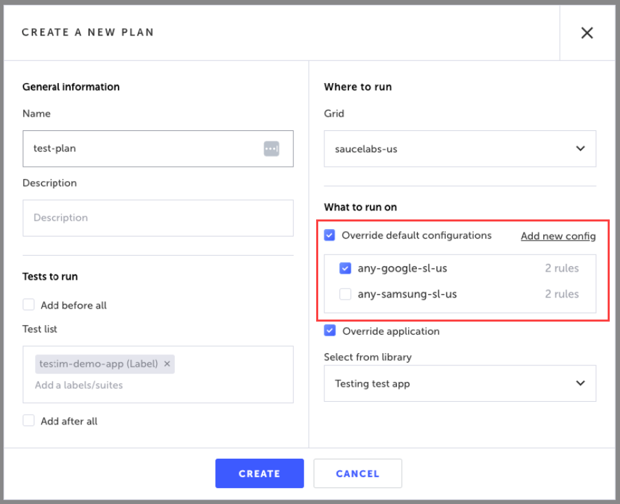 What to run on セクションで Override default configurations を使って構成を選択する画面