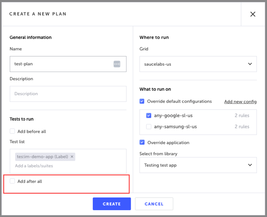 Add After All セクションでクリーンアップ用のテストスイートやラベルを設定する画面