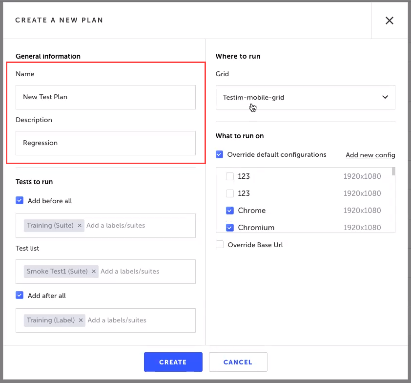 Web テストプランの Name と Description を入力する新規プランダイアログ