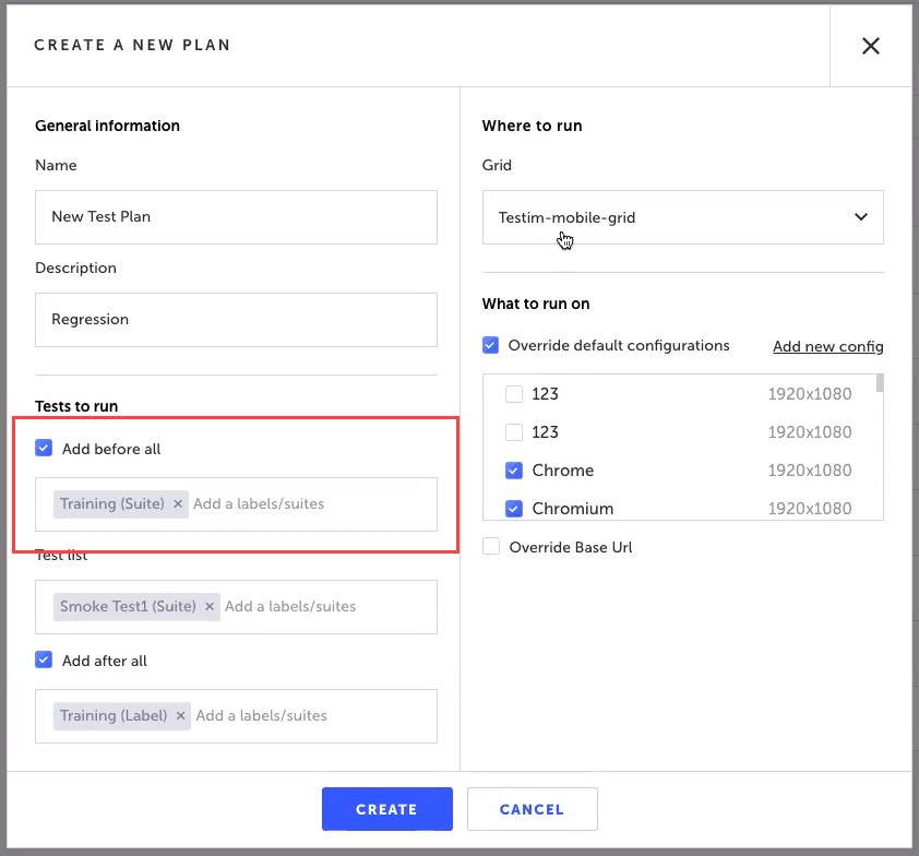 Add Before All セクションでセットアップ用テストスイートやラベルを設定する画面