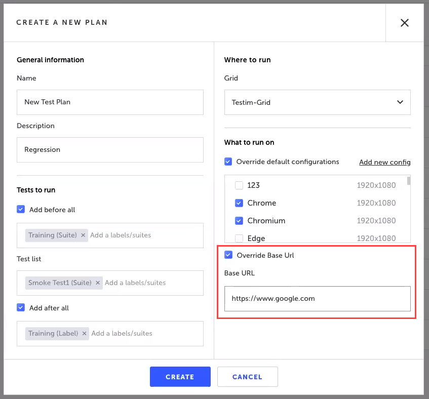 Override Base URL オプションで開始 URL を指定する画面