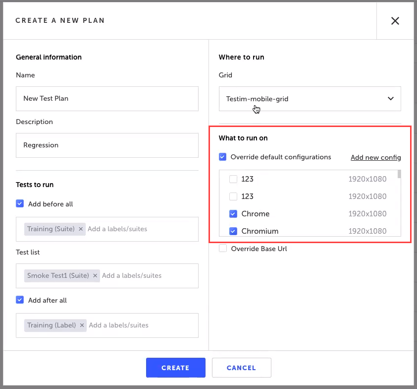 What to run on セクションで Override default configurations を使ってブラウザ構成を選択する画面