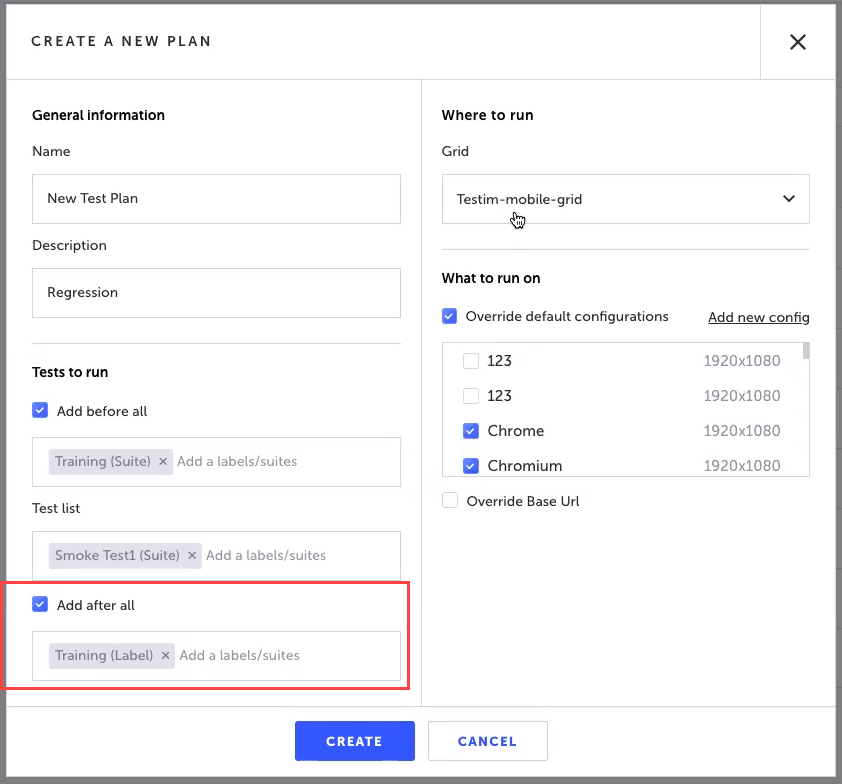 Add After All セクションでティアダウン用テストスイートやラベルを設定する画面