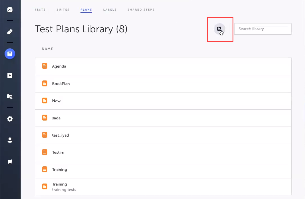 Test List 画面の Plans タブで New Plan ボタンをクリックする画面