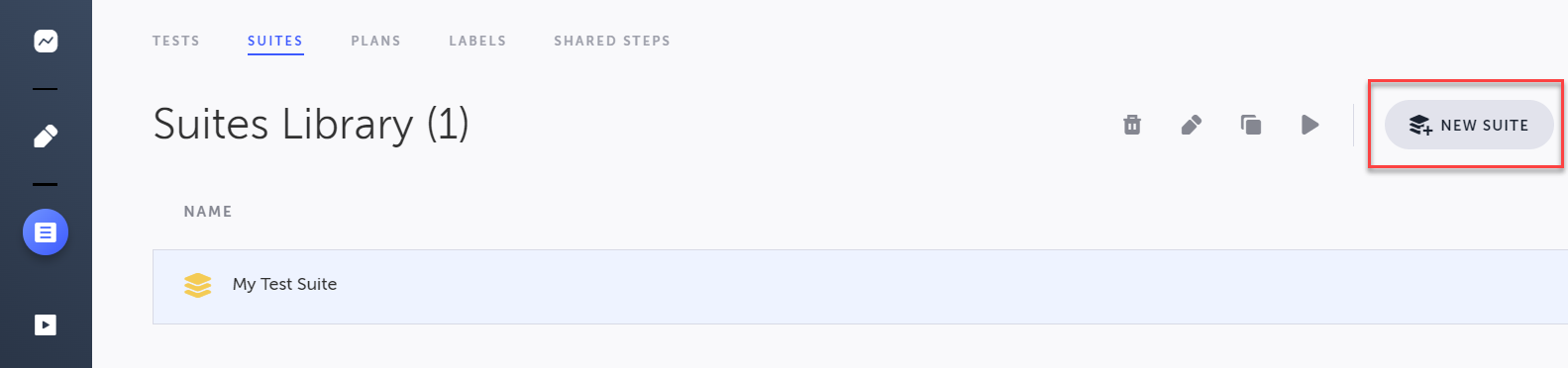 Test List の Suites タブで New Suite ボタンをクリックする画面