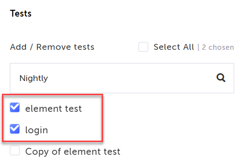 選択したラベルでフィルタリングされたテスト一覧から複数テストを選択している画面