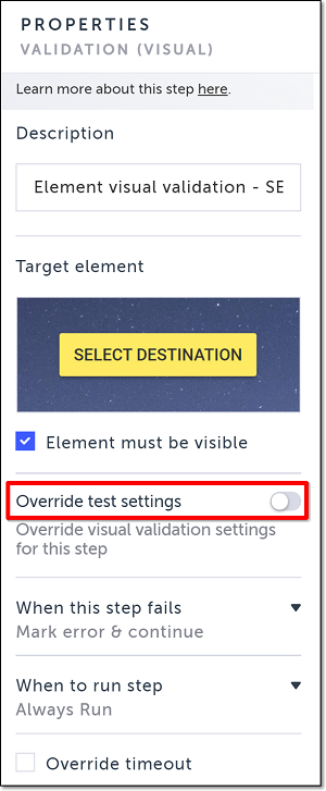 Properties パネルの Override test settings スイッチ