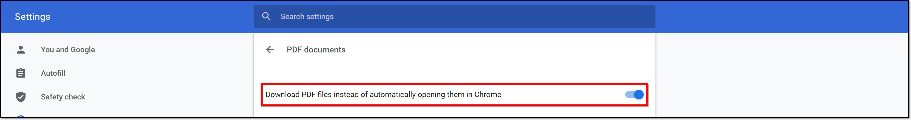 PDF ダウンロード設定のトグル